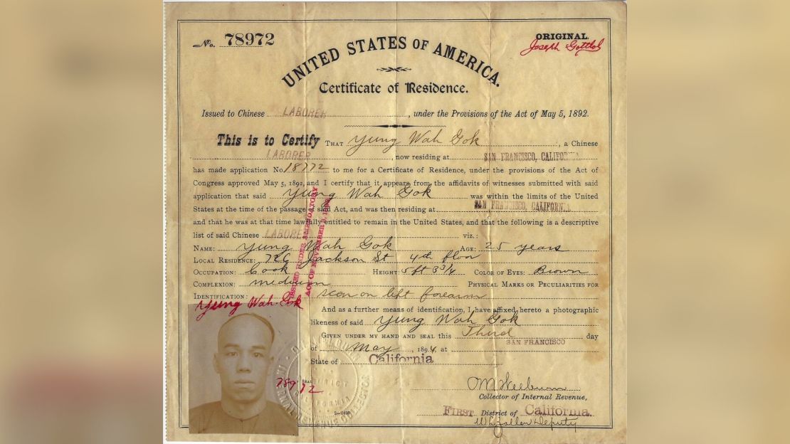 Young Wah Gok's certificate of U.S. residence, issued in 1892.