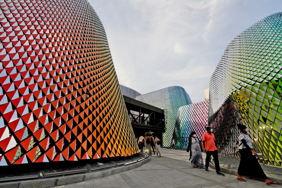 Designed by Al Jabal Engineering, the Pakistan pavilion offers multi-sensory installations encapsulated in walls of color. The colorful façade is a "reflection of the beautiful changing seasons the country experiences, one of the most diverse on Earth," according to its designer, Rashid Rana. Inside, Pakistan's "hidden treasures" are showcased, including its spiritual traditions, history and sustainability initiatives.