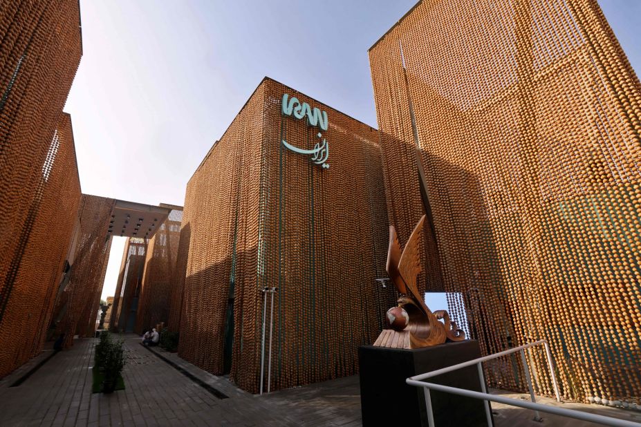 A series of blue boxes draped in fired clay balls make up the Iran pavilion. Each box showcases different elements of the country's culture, tradition and handicrafts. Streams of water accompany visitors down walkways and into the pavilion, designed by architects Shift Process Practice.