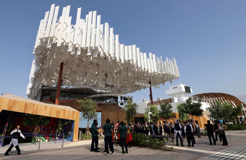 The network of vertical aluminum panels that hangs like a cloud over timber structures is a key element of the Australia pavilion, designed by bureau^proberts. The "cloud" even lights up in the evening to mimic "the ancient and rugged landscape of Australia." Inside, the pavilion explores 60,000 years of Australian innovation, culture and creativity.
