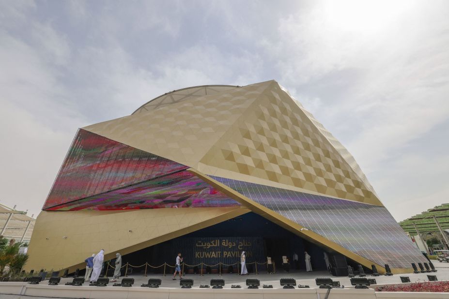 Designed by Italian architect Marco Pestalozza, the Kuwait pavilion is a digital showpiece, displaying images of the country's landscapes on its façade, and showcasing a vision for the country's future. Water towers stretch upwards through each level of the structure, symbolizing Kuwait's "commitment to sustainability and water security."