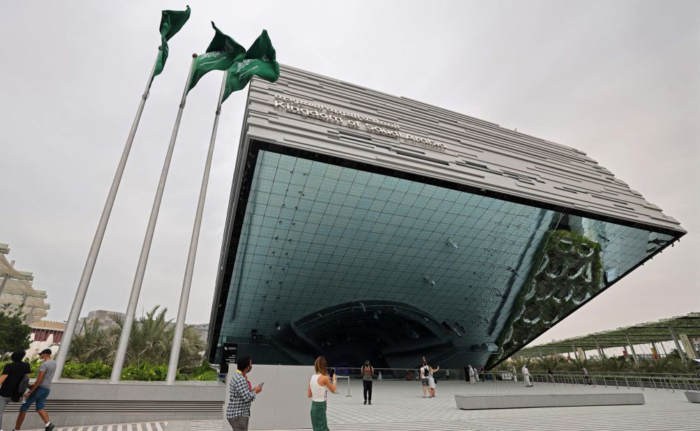 The six-story Saudi Arabia Pavilion, designed by Boris Micka, is the second-largest pavilion after that of the UAE, and has a sloping, rectangular structure. The "Heritage" escalator takes visitors up to experience the country's history and culture, while the "Future" escalator takes them down to explore modern Saudi Arabia through an LED mirror screen and an interactive water feature. The pavilion has been awarded the LEED Platinum Certificate for sustainability.