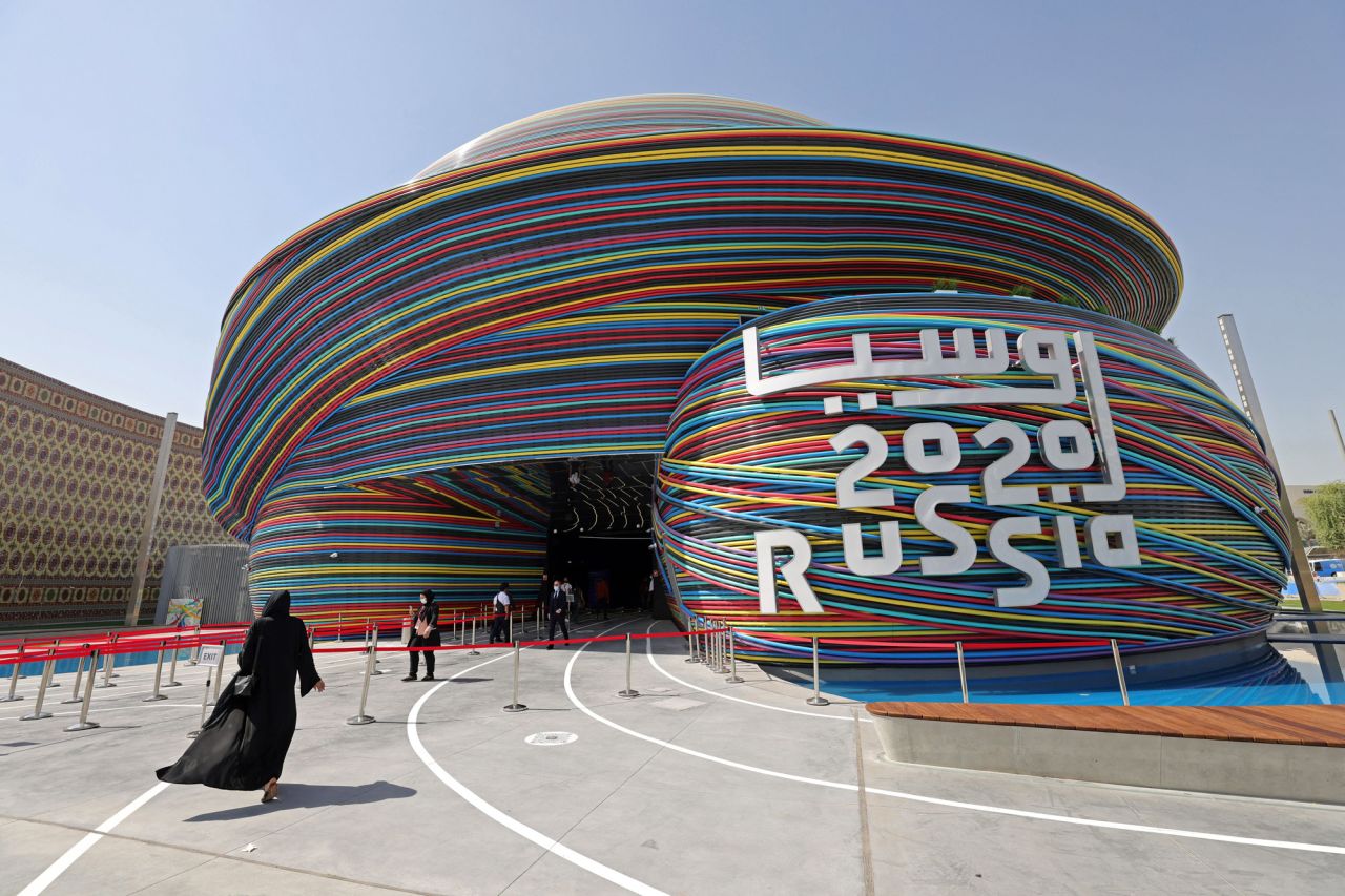 The Russia pavilion, designed by Tchoban SPEECH, is a huge dome covered by strings of giant multi-colored tubes. It's meant to symbolize the question: How do we find our place in an interconnected world? Inside, it explores scientific advancements and creative innovations past and present.