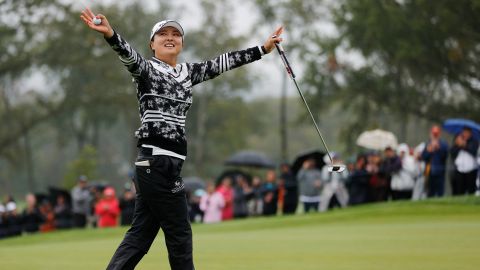 Ko reacts after sinking her final putt on the 18th to win the Founders Cup.