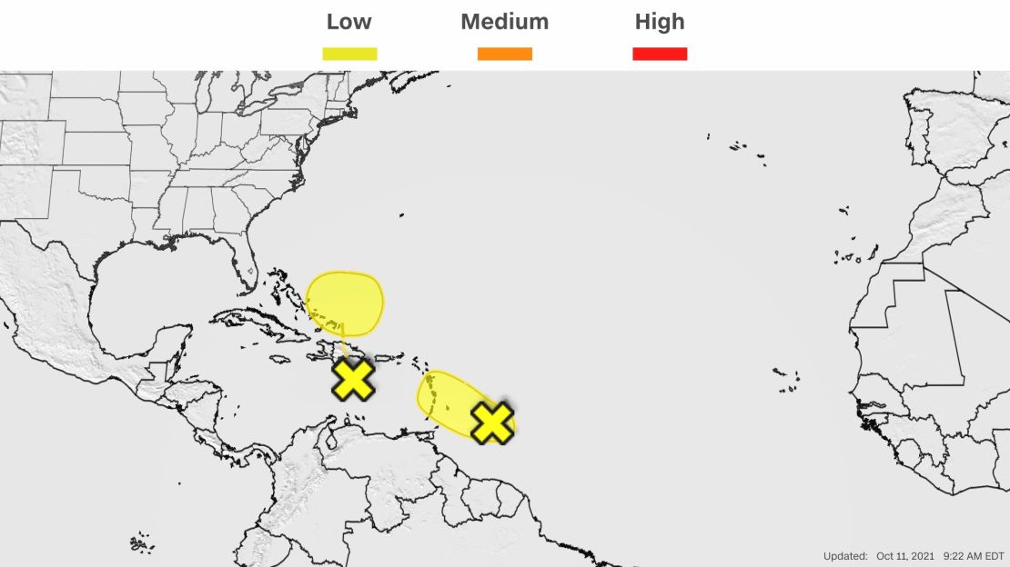 There are two areas in the Atlantic that have a low chance of tropical development over the next five days, highlighted in yellow.
