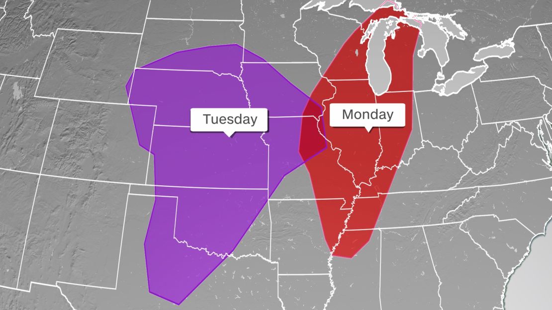 Area at risk for severe storms on Monday highlighted in red and area at risk for severe storms on Tuesday highlighted in purple.