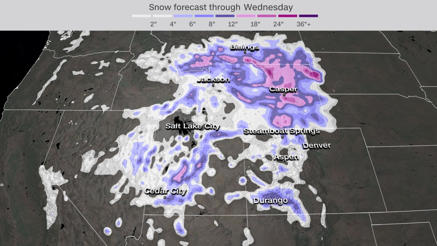 Snowfall totals expected for the Rockies through Wednesday