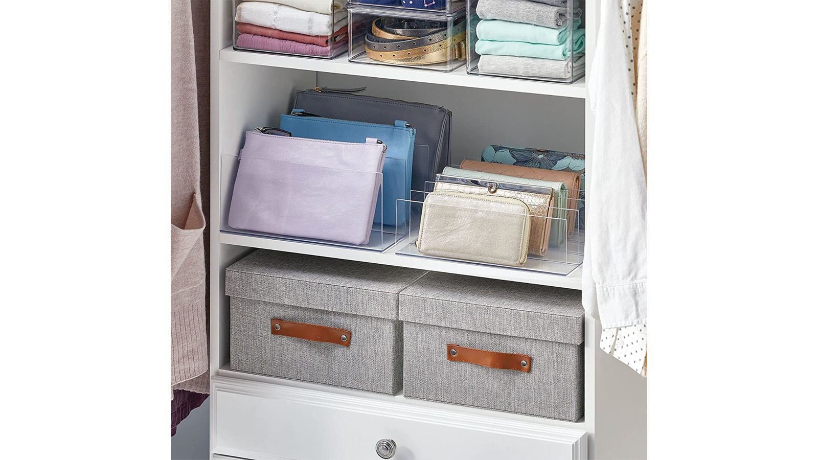 Way Basics Purse Organizer - Clutch Bag Wallet Storage Solution for Closet  Dresser Bedroom, 4 Sections, White 