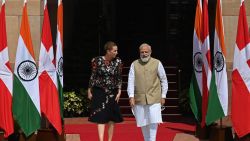 Indias Prime Minister Narendra Modi (R) and his Denmark's counterpart Mette Frederiksen arrive before their meeting in New Delhi on October 9, 2021. (Photo by Money SHARMA / AFP) (Photo by MONEY SHARMA/AFP via Getty Images)