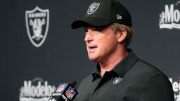 Las Vegas Raiders head coach Jon Gruden attends a news conference after an NFL football game against the Miami Dolphins, Sunday, Sept. 26, 2021, in Las Vegas.
