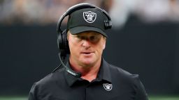 LAS VEGAS, NEVADA - OCTOBER 10: Head coach John Gruden of the Las Vegas Raiders reacts on the sideline during a game against the Chicago Bears at Allegiant Stadium on October 10, 2021 in Las Vegas, Nevada. (Photo by Ethan Miller/Getty Images)