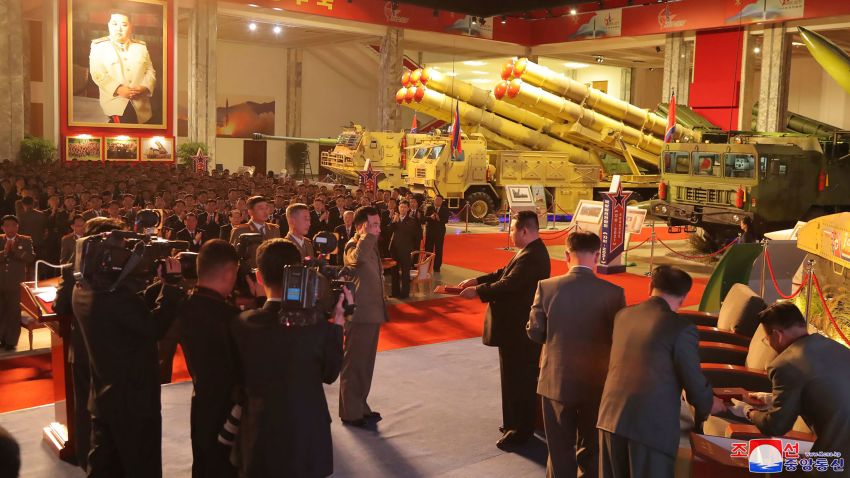 In this photo provided by the North Korean government, North Korean leader Kim Jong Un, fourth from right, visits an exhibition of weapons systems in Pyongyang, North Korea, Monday, Oct. 11, 2021. Kim reviewed the rare exhibition and vowed to build an "invincible" military, as he accused the United States of creating regional tensions and lacking action to prove it has no hostile intent toward the North, state media reported Tuesday. Independent journalists were not given access to cover the event depicted in this image distributed by the North Korean government. The content of this image is as provided and cannot be independently verified. Korean language watermark on image as provided by source reads: "KCNA" which is the abbreviation for Korean Central News Agency. (Korean Central News Agency/Korea News Service via AP)