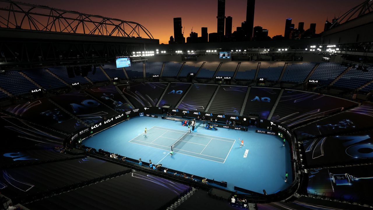 A general view of Rod Laver Arena as Rafael Nadal of Spain competes against Stefanos Tsitsipas of Greece at the  Australian Open at Melbourne Park on February 17, 2021 in Melbourne, Australia.