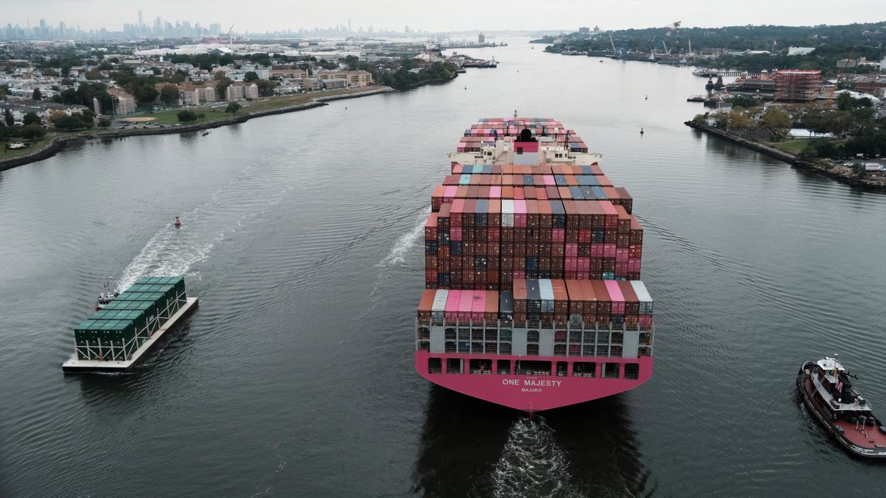 A cargo ship moves under the Bayonne Bridge as it heads out to the ocean on Oct. 6, 2021 in Bayonne, New Jersey. Global supply chain disruptions have continued to affect the U.S. economy. Despite continued uncertainly in the economy, stocks staged a comeback on Wednesday with markets rebounding as investors showed optimism about a possible debt ceiling deal.