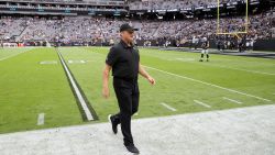 Head coach Jon Gruden of the Las Vegas Raiders walks on the field before a game against the Chicago Bears at Allegiant Stadium on October 10, 2021 in Las Vegas, Nevada. The Bears defeated the Raiders 20-9.  