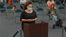 Nicole Sperry combating Covid misinformation at a Chesapeake Public School Board meeting on Monday, October 12, 2021, a day after burying her daughter, who died from the deadly virus.