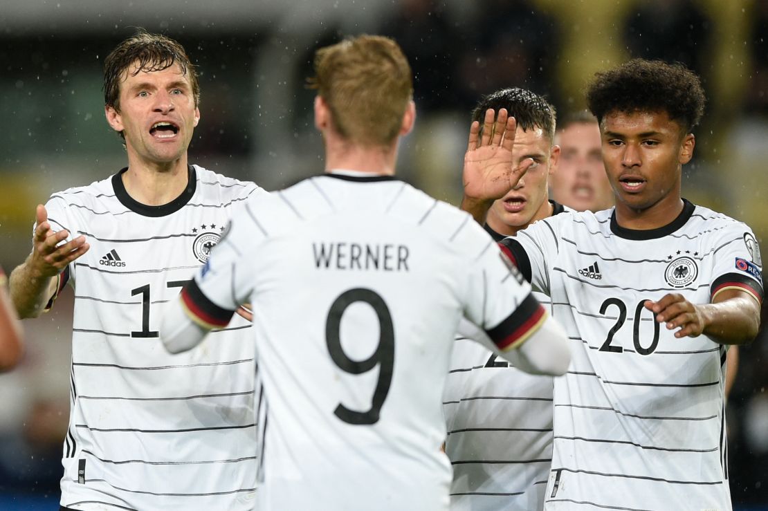 Werner (center) celebrates his first goal against North Macedonia. 