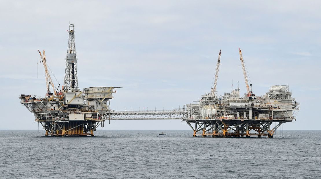 The oil platforms named Ellen, left, and Elly, right, are seen off the southern California coast on October 6, several days after the oil spill was first reported.