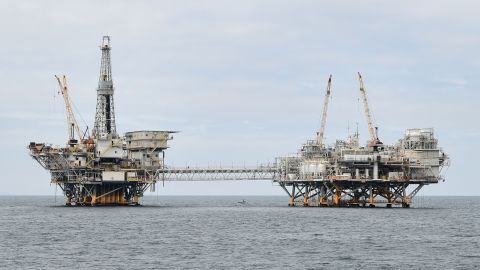 The oil platforms named Ellen, left, and Elly, right, are seen off the southern California coast on October 6, several days after the oil spill was first reported. 