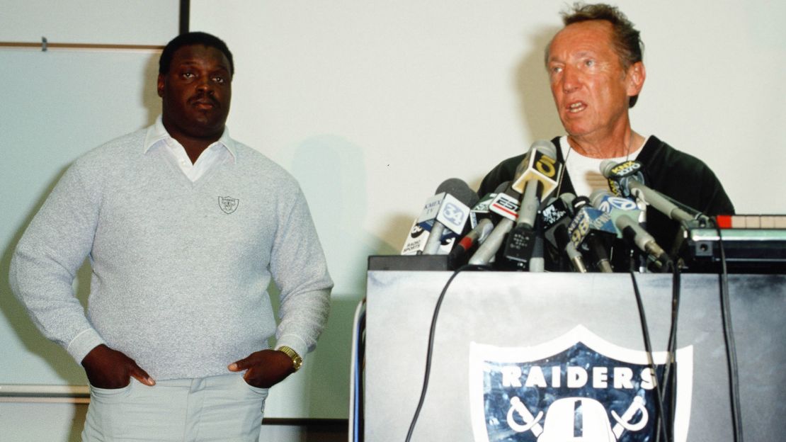 Art Shell is announced as the Oakland Raiders' new head coach at a NFL press conference led by Raiders owner Al Davis on October 3, 1989.