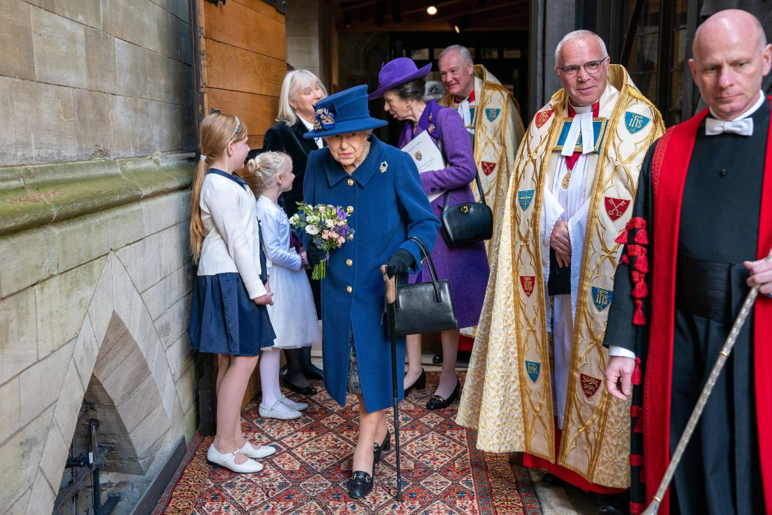 The Queen and her daughter Princess Anne leave a Service of Thanksgiving to mark the Centenary of the Royal British Legion at Westminster Abbey in London on October 12, 2021. 