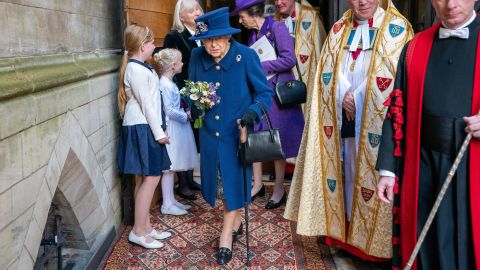 The Queen and her daughter Princess Anne leave a Service of Thanksgiving to mark the Centenary of the Royal British Legion at Westminster Abbey in London on October 12, 2021. 
