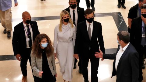 Ivanka Trump (third from left) and Jared Kushner (second from right) pictured in Jerusalem on Monday.