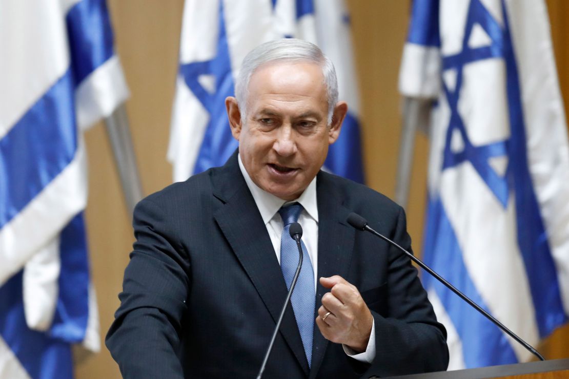 Former Israeli Prime minister  Benjamin Netanyahu speaking in Jerusalem on Monday.