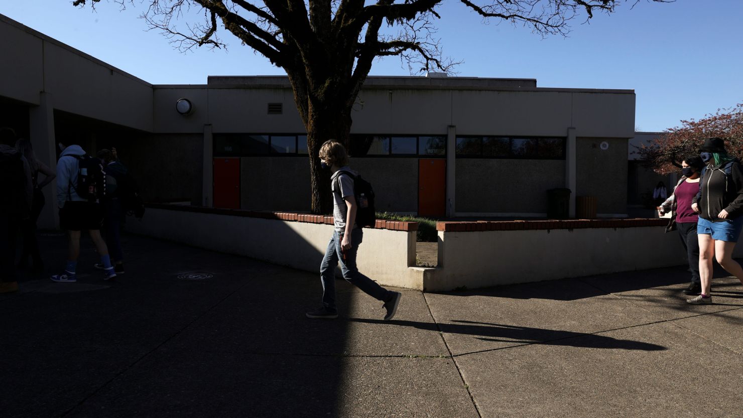 Students arrive back for in-person learning at Sprague High School in Salem, Oregon on April 15, 2021