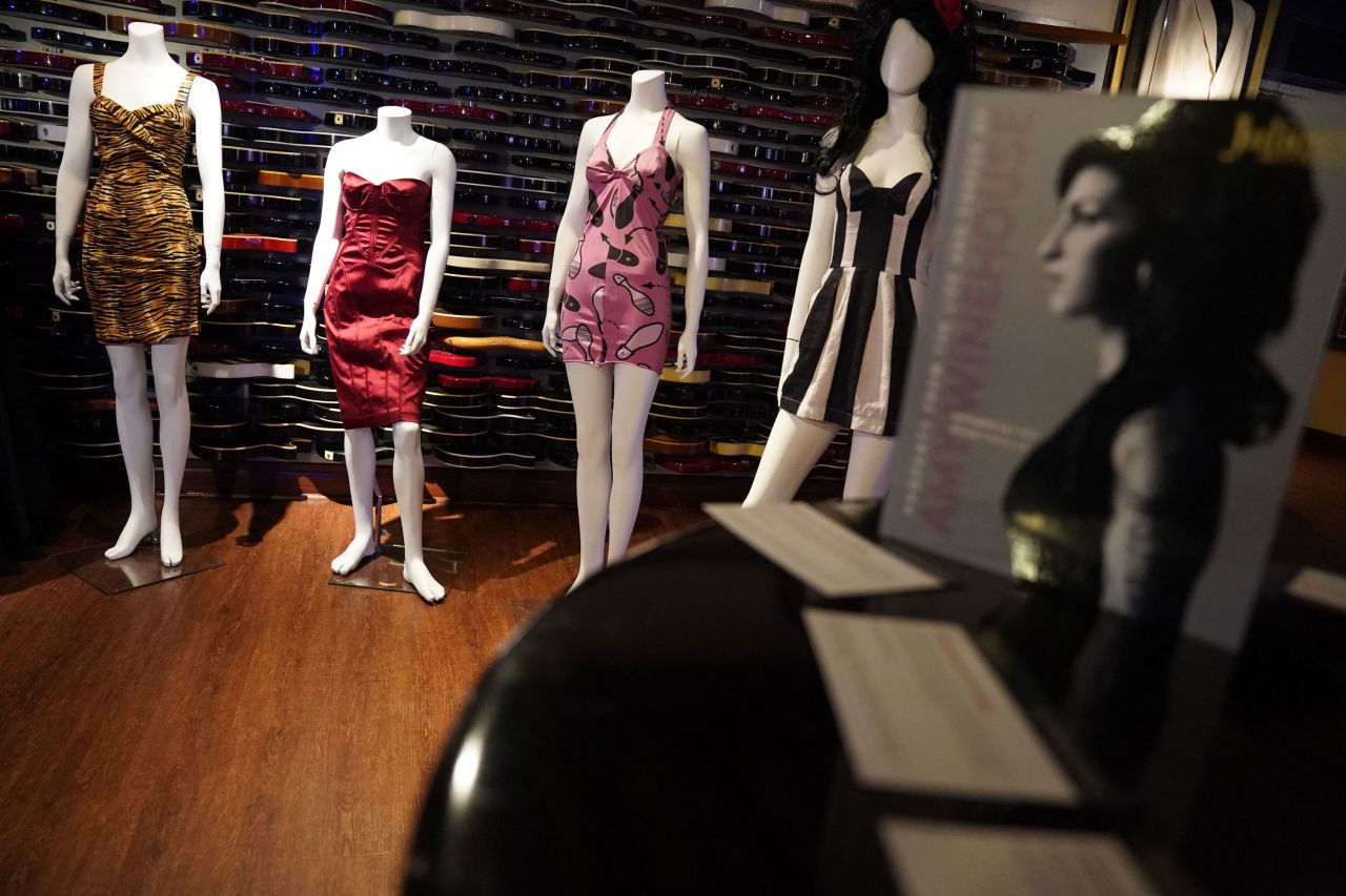 A selection of Amy Winehouse's dresses, as seen during the public exhibition of "Property From The Life And Career Of Amy Winehouse" by Julien's Auctions.