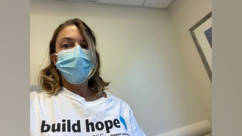 LaPorte while receiving chemo treatment two weeks ago in her "build hope" shirt from Lung Cancer Resesarch Foundation's Free to Breathe walk.