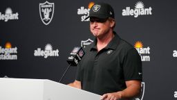 Las Vegas Raiders head coach Jon Gruden speaks during a news conference after an NFL football game against the Chicago Bears, Sunday, Oct. 10, 2021, in Las Vegas. (AP Photo/Rick Scuteri)