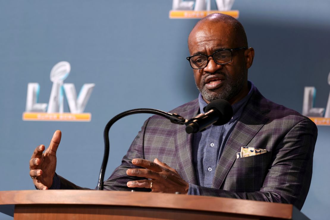 Smith speaks during a press conference ahead of Super Bowl 55.