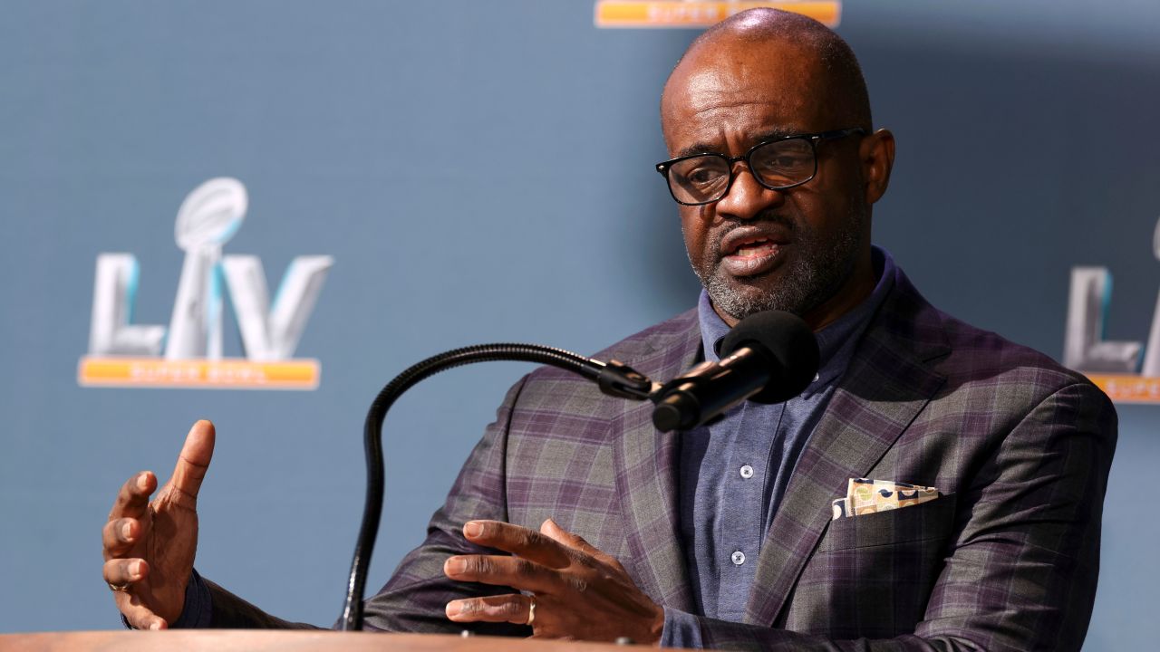 Smith speaks during a press conference ahead of Super Bowl 55.