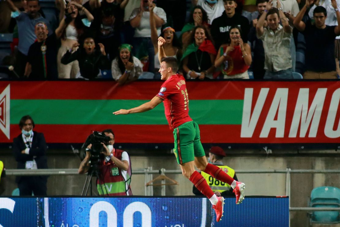 Joao Palhinha marks his goal with a Ronaldo-esque celebration. 
