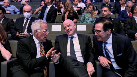 Sylvan Adams, Gianni Infantino and Steve Mnuchin attend the launch of the "Friedman Center for Peace through Strength" at the Museum of Tolerance Jerusalem.