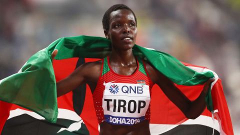 Agnes Tirop celebrates winning bronze in the women's 10,000m final during the 2019 World Championships.