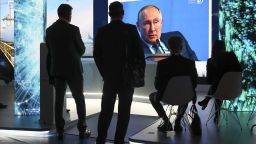 A broadcast of an address by Russia's President Vladimir Putin at a plenary session at the 2021 Russian Energy Week forum at Moscow's Manezh Central Exhibition Hall, in Moscow on Oct. 13, 2021. The forum includes over 30 business events attended by the heads of more than 200 companies of the fuel and energy complex. 