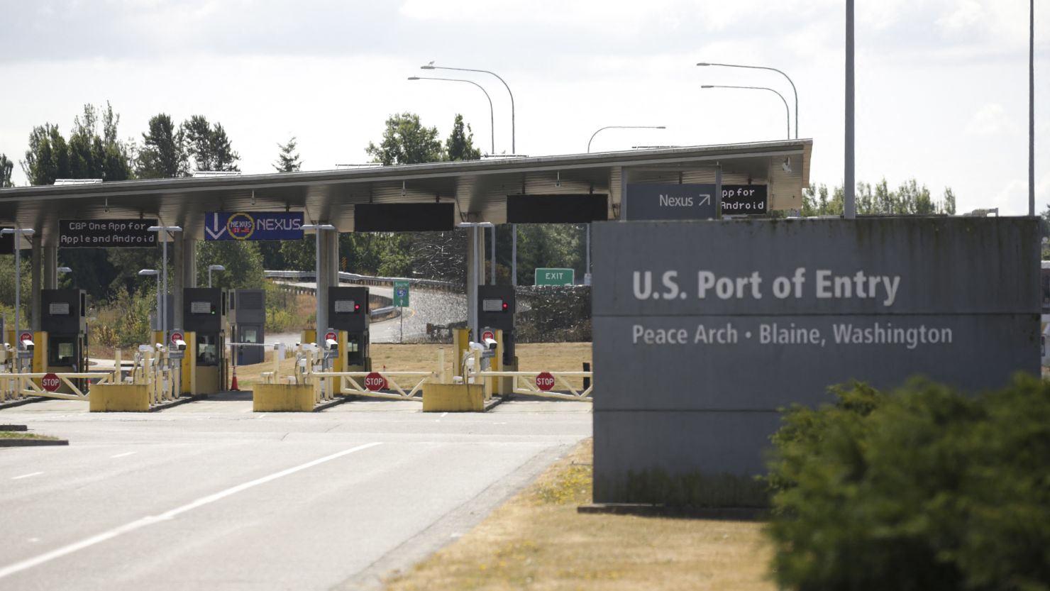 The US Port of Entry at the USA-Canada border, which is still closed to non-essential travel for Canadians, is pictured on the same day as Canada reopens to fully-vaccinated Americans for non-essential travel in Blaine, Washington on August 9, 2021. - American visitors trickled across the Canada-US border, cheering the reopening of the world's longest land boundary 17 months after all non-essential travel was halted to slow the spread of the novel coronavirus. Ottawa lifted quarantine requirements for US citizens and permanent residents arriving with proof of vaccination. (Photo by Jason Redmond / AFP) (Photo by JASON REDMOND/AFP via Getty Images)