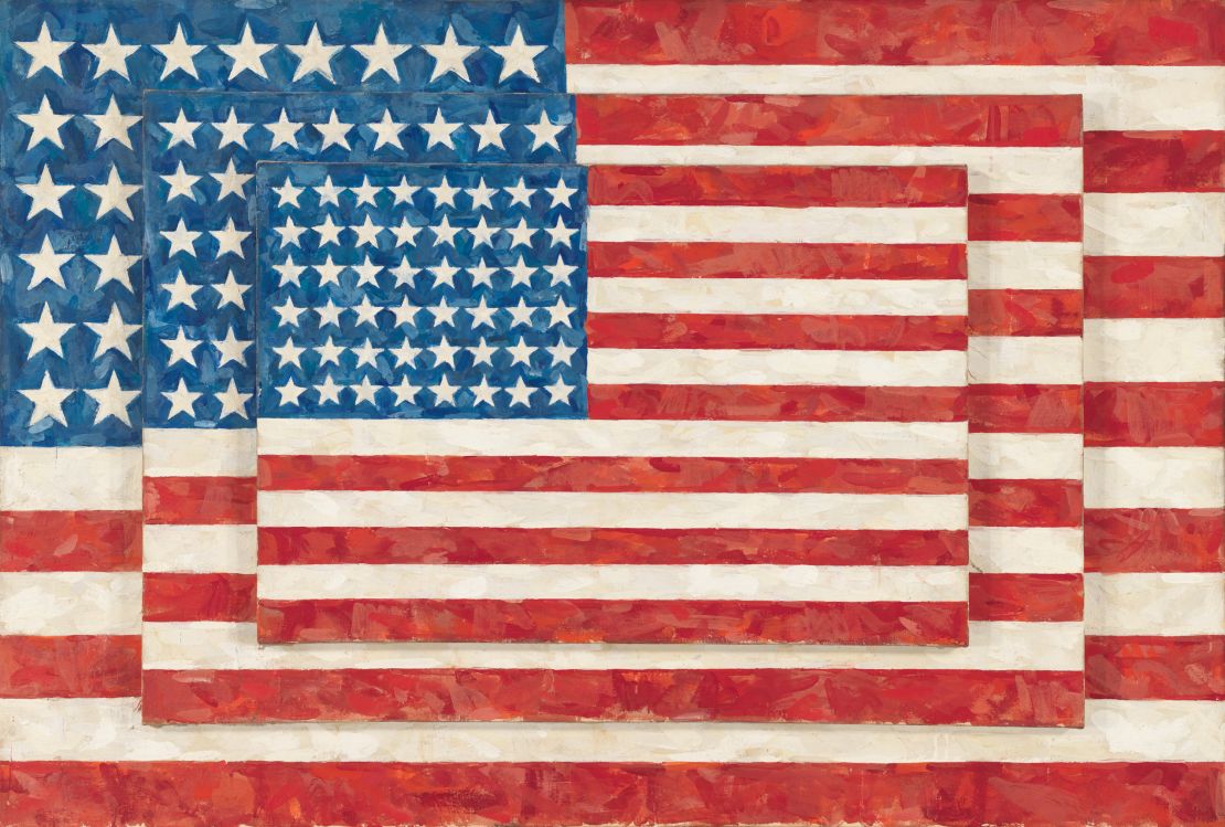 Jasper Johns' most recognized motif is the American flag, but he has often returned to the same symbols and themes again and again. Pictured: "Three Flags," 1958.