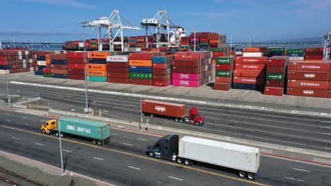 Shipping containers sit in dock at the Port of Oakland on September 09, 2021 in Oakland, California. As the COVID-19 pandemic continues, a shortage of shipping containers has caused the price of the containers to skyrocket and has disrupted the supply chain.
