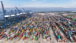 Thousands of shipping containers at the Port of Felixstowe in Suffolk on Wednesday October 13, 2021, as shipping giant Maersk has said it is diverting vessels away from UK ports to unload elsewhere in Europe because of a build-up of cargo. 