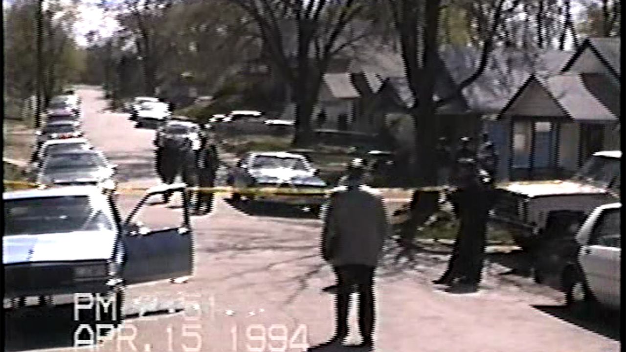 Crime scene photo from the 1994 slayings of Donald Ewing and Doniel Quinn who Lamonte McIntyre was wrongly convicted of killing.