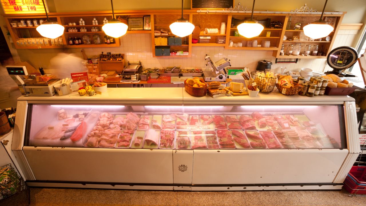 Pasture-raised pork is displayed at Avedano's Holly Park Market, a San Francisco-based butcher shop.