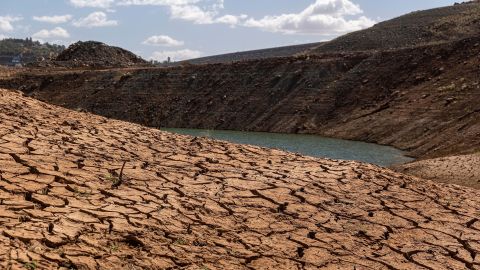 The dry, cracked bed of Lake Oroville in California is seen on October 11.