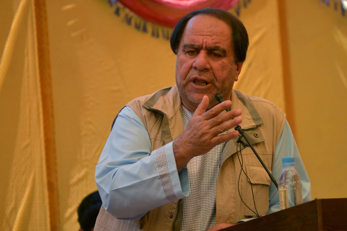 Karim gestures as he speaks during a public appearance in the village of Malaspa near Bazarak in Panjshir province, north of Kabul on September 4, 2020.