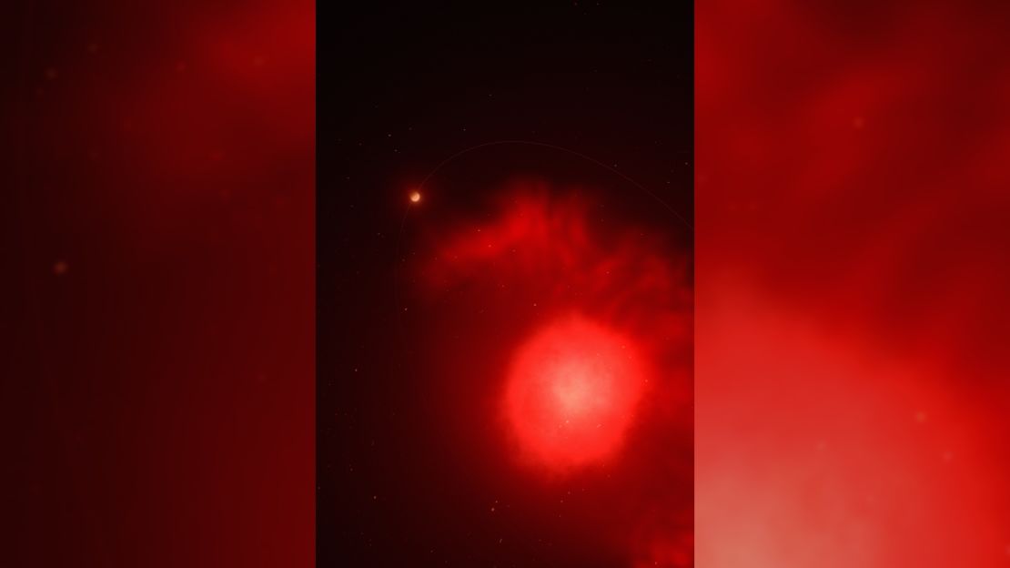This artist's rendering shows a star experiencing the red giant phase when it burns the last of its nuclear fuel before collapsing in on itself and forming a smaller, fainter white dwarf. 