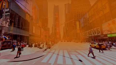 This Google Street View image of New York's Times Square has been manipulated with AI to show how it might look if full of smoke from a wildfire.