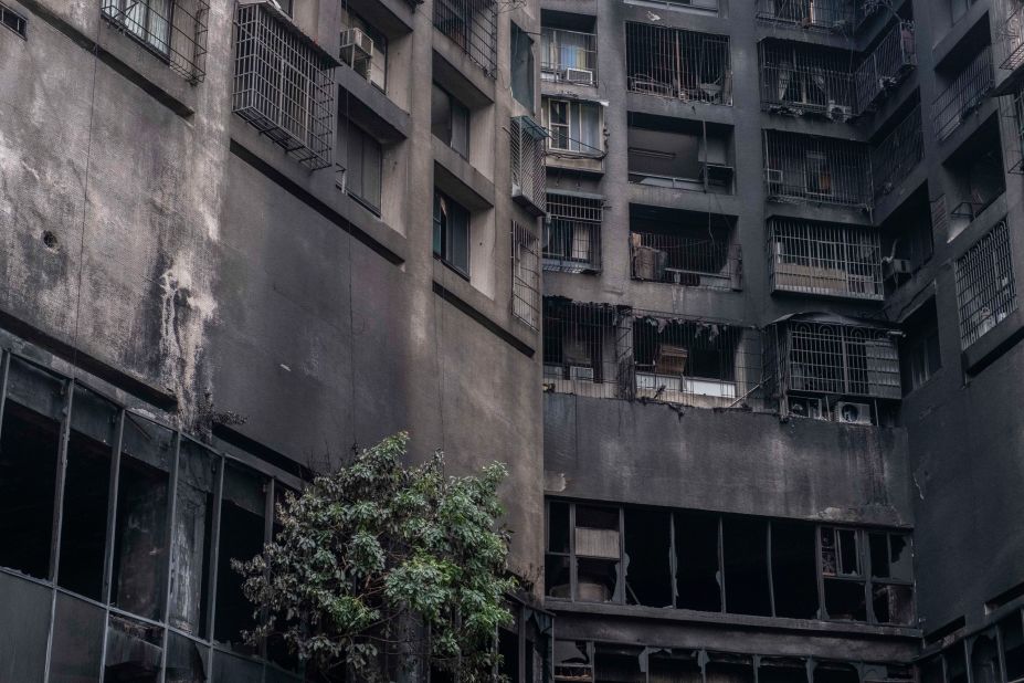 The building's exterior walls are charred in the wake of the fire. Kaohsiung Mayor Chen Chi-mai said the building's first six floors were built for commercial use. Floors seven and above were for housing.