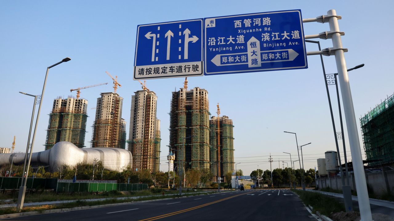 Residential buildings under construction seen at Evergrande Cultural Tourism City, a project developed by Evergrande Group, in Suzhou, Jiangsu province, China, on Sept. 23, 2021.